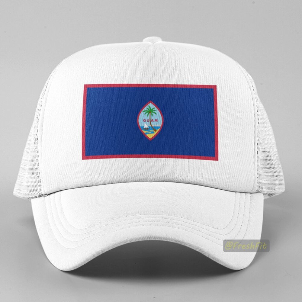 🆕Guam Flag White Foam Trucker Hat Mesh Snapback Cap